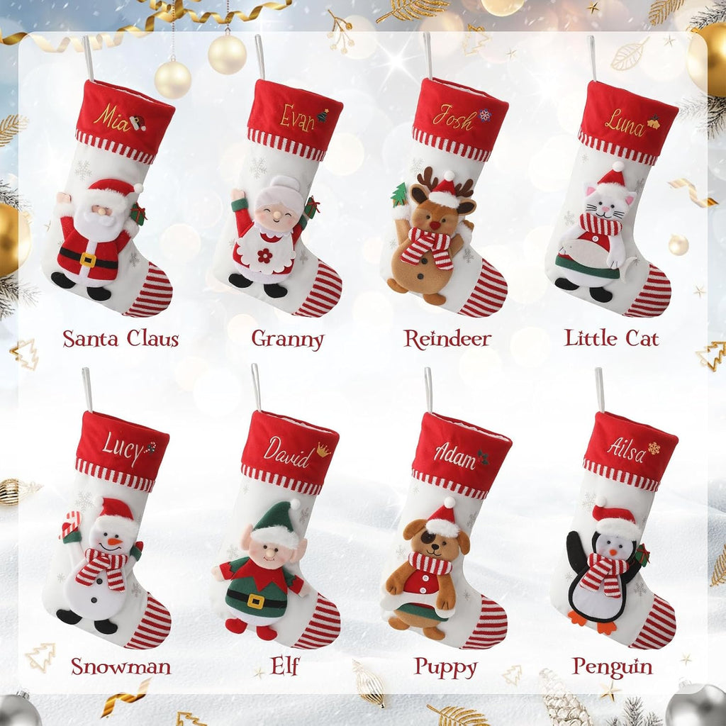 Christmas Family Stockings with Embroidery Names, 3D Xmas Characters Santa,Snowman,Reindeer & Penguin , Fireplace