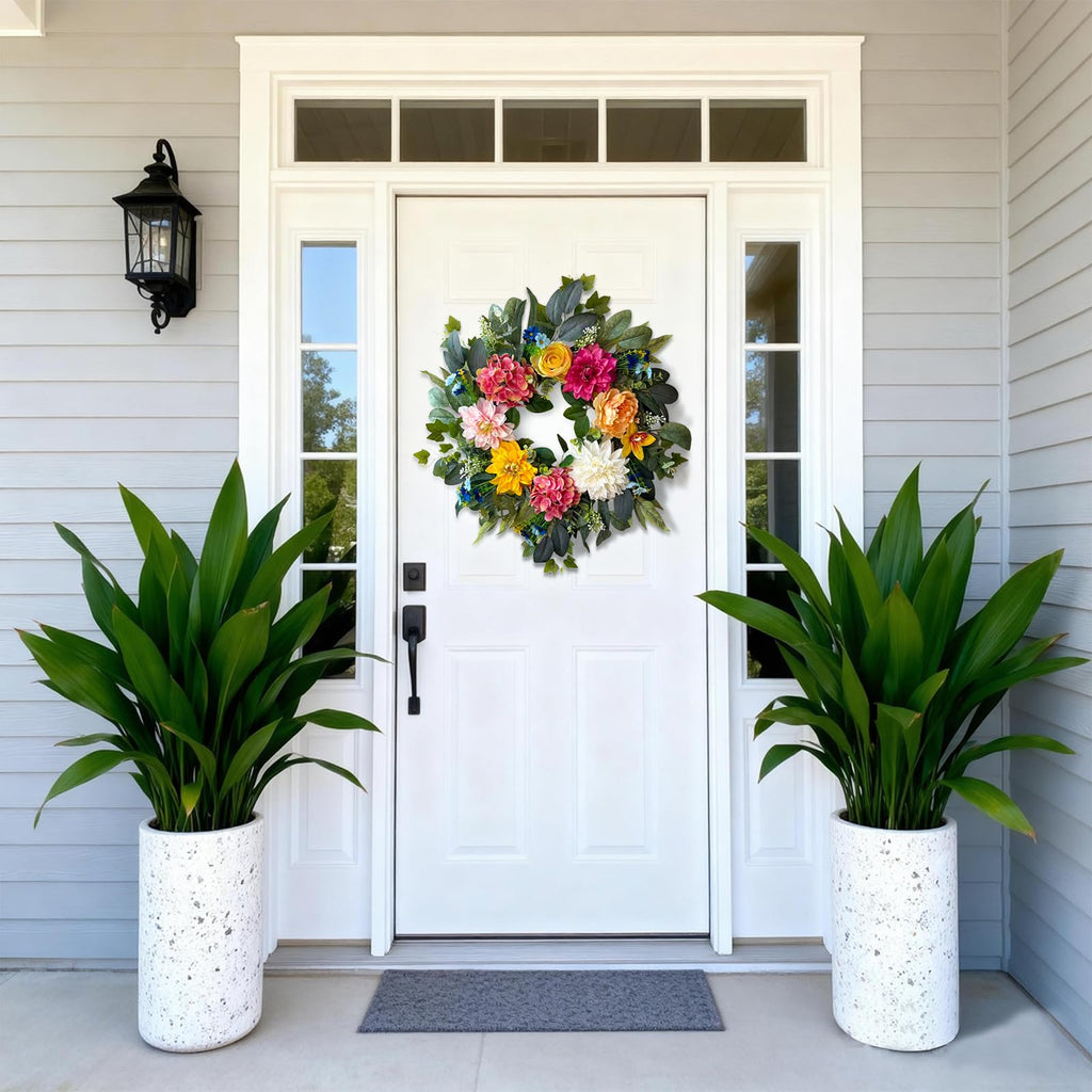 24 Inch Spring Wreaths for Front Door, Spring Wreaths, Spring Summer Door Wreaths with Yellow and Pink Dahlia Hydrangea