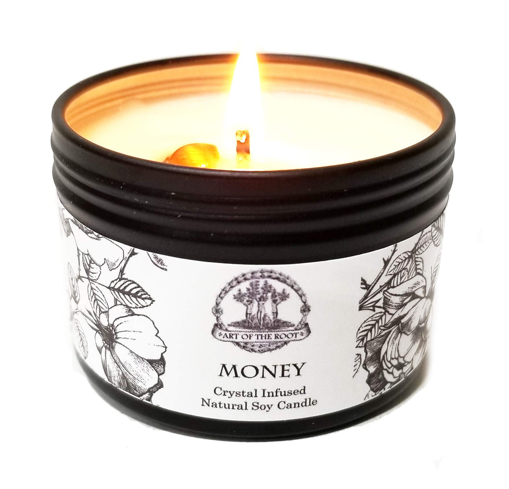 Money Drawing Mini Spell Set | 4 oz Soy Candle with Tiger's Eye Crystal & a 1/2 oz Oil | Wealth, Cash, Prosperity