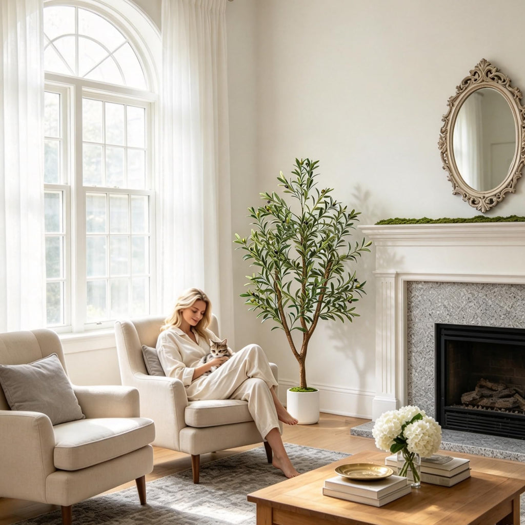 Olive Trees Artificial Indoor: 5FT Faux Olive Tree with White Tall Planter & Moss, Large Fake Plants with Natural