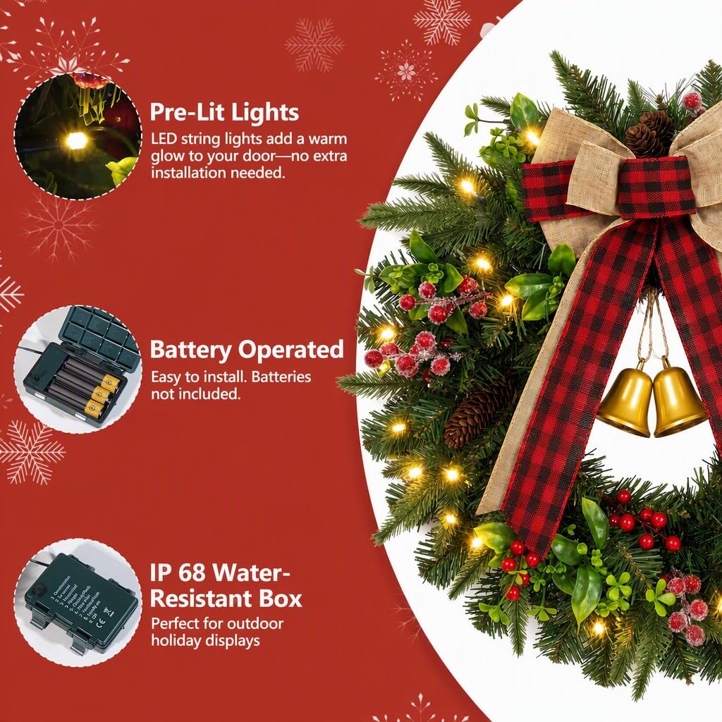 22" Pre-Lit Christmas Wreath with Lights for Front Door, Holiday Decoration