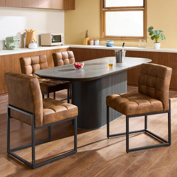 Faux Leather Dining Chairs Set of 4, Mid-Century Modern Armless Dining Room Chairs with Checkered Upholstery and Metal Legs, Coffee