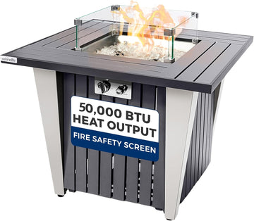 Propane Fire Pit Table with Sturdy Metal, Gas Pits with 50,000 BTU and Stainless Steel Fire Pan, Includes Decorative