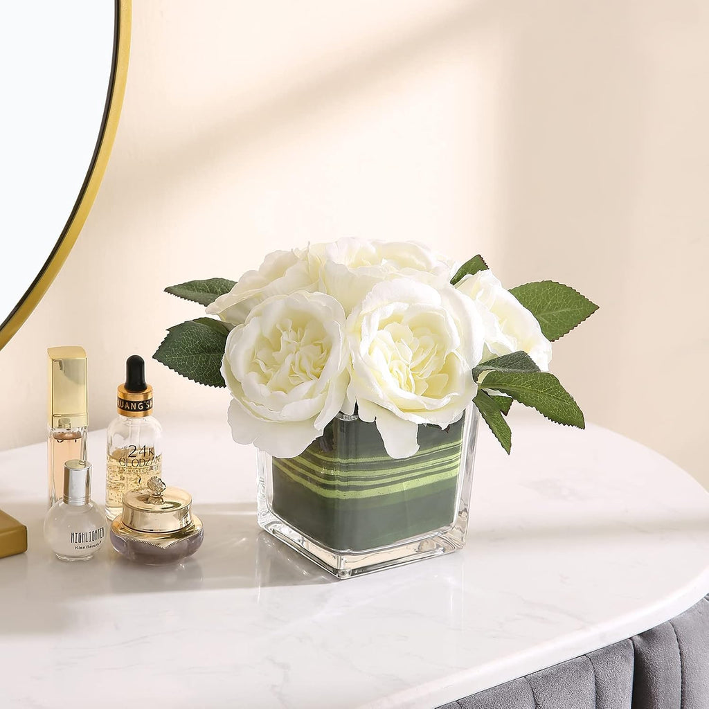 Artificial Peony Silk Flower Centerpieces Faux Floral Arrangement in Glass Vase Wedding Table Decoration (Cream)