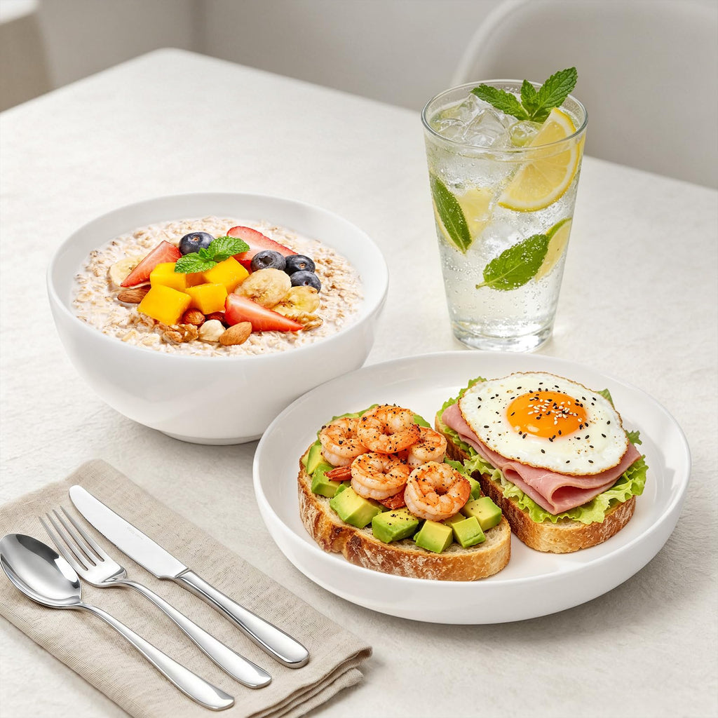 Porcelain Dinnerware Set for 4, Lightweight White New Bone China Plates and Bowls, 10" Dinner Plates, 8"