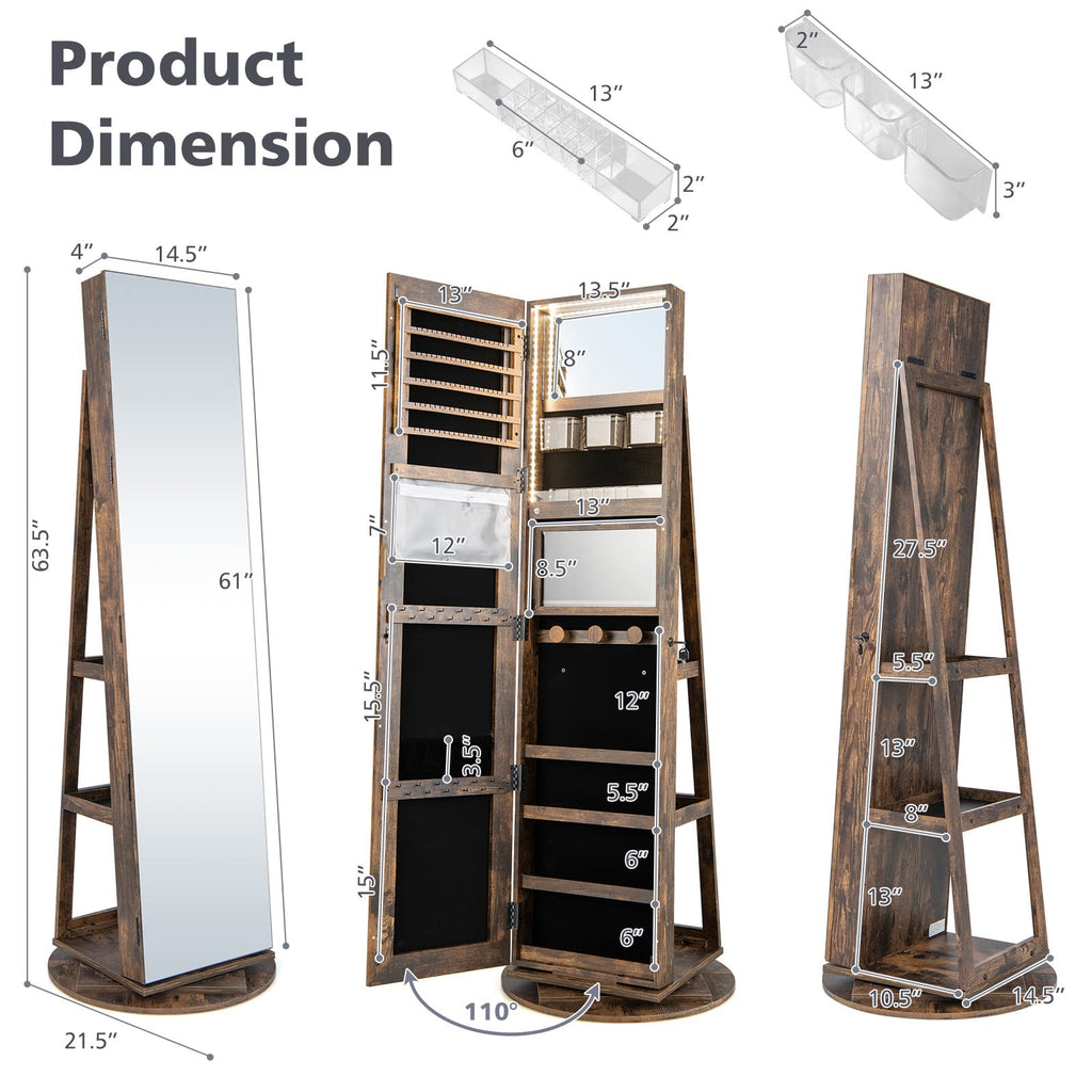 360° Rotating Mirror Jewelry Armoire, Freestanding Jewelry Organizer w/ 3-Color Lights, Full-length Mirror w/Jewelry
