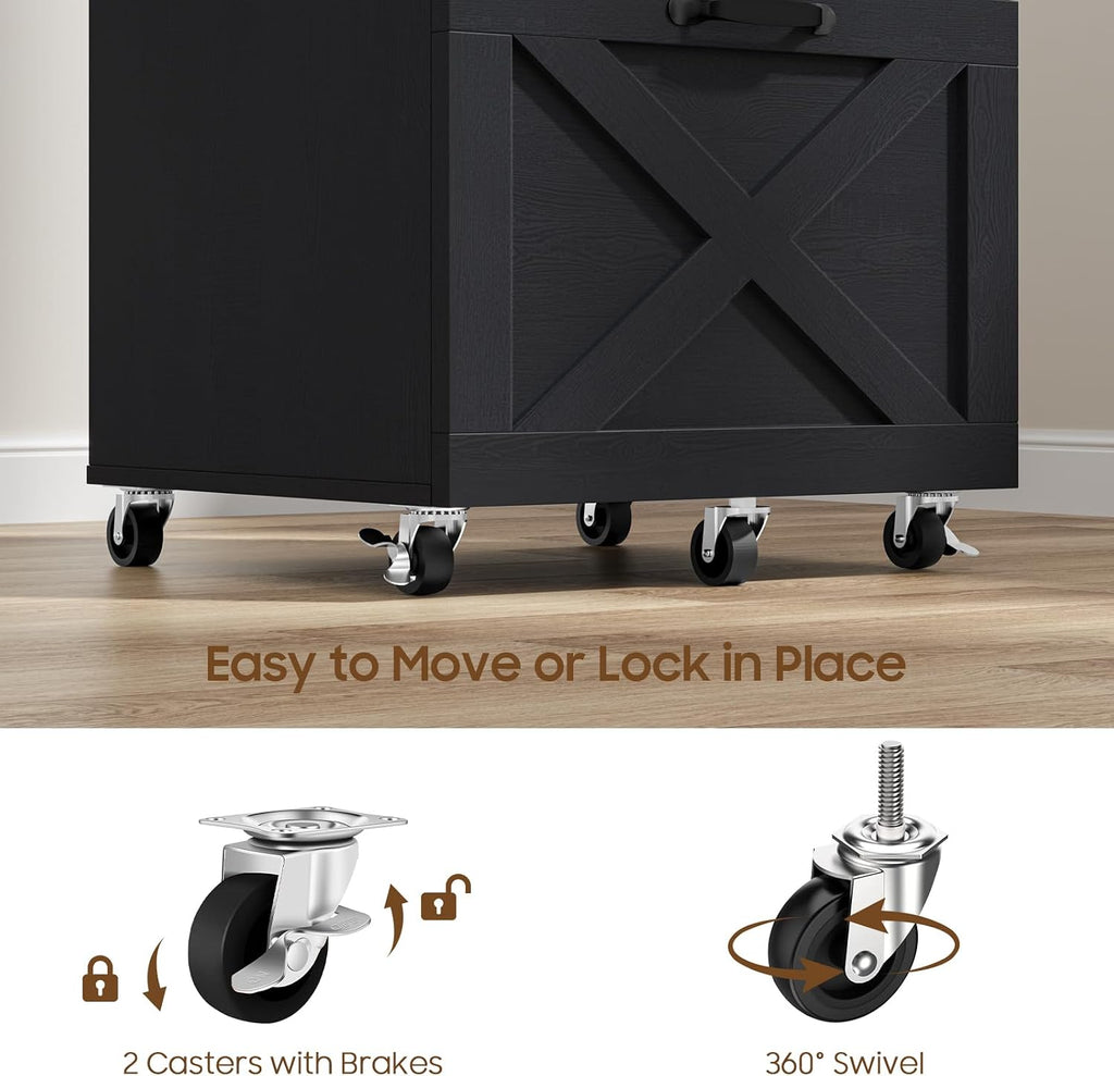 3 Drawers Farmhouse File Cabinet with Wheels , Rustic Black | Vertical Filing Cabinet Fits Letter/A4 Size, Rolling
