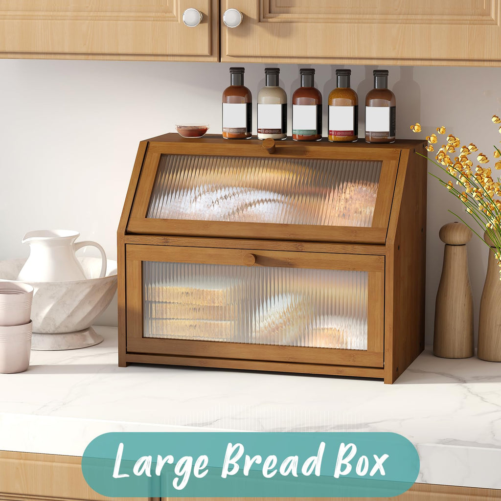 Counter, Large Bamboo Wood Double Layer, Wooden Bread Storage Capacity