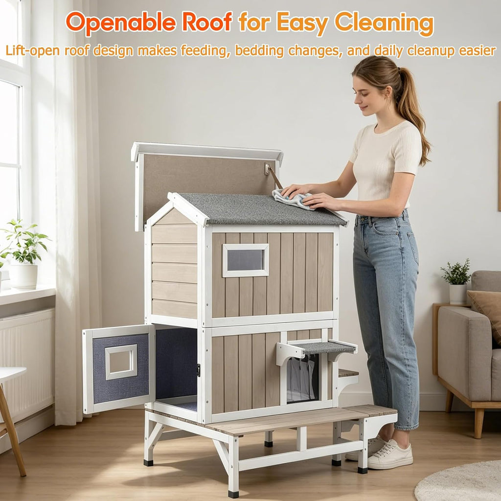 Insulated Outdoor Cat House for 2-3 Cats, 2-Story Wooden Shelter