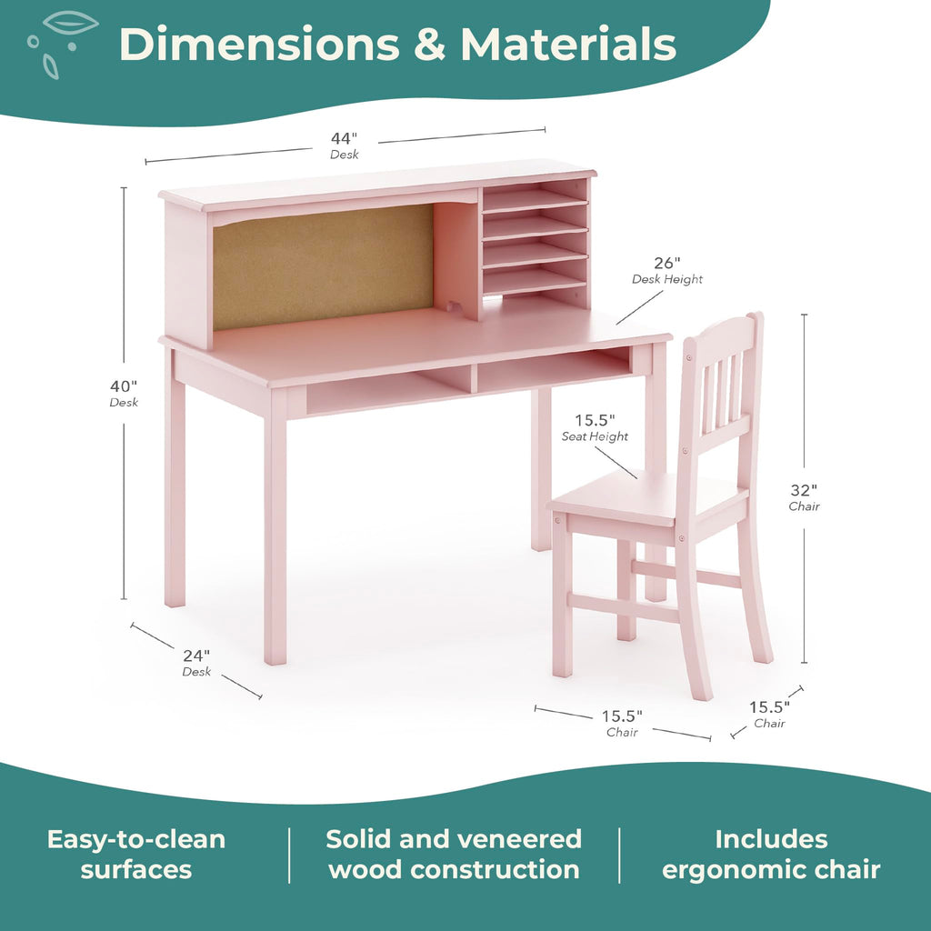 Children's Media Desk and Chair Set - Pink: Student's Study Computer Workstation with Hutch and Shelves, Wooden Kids
