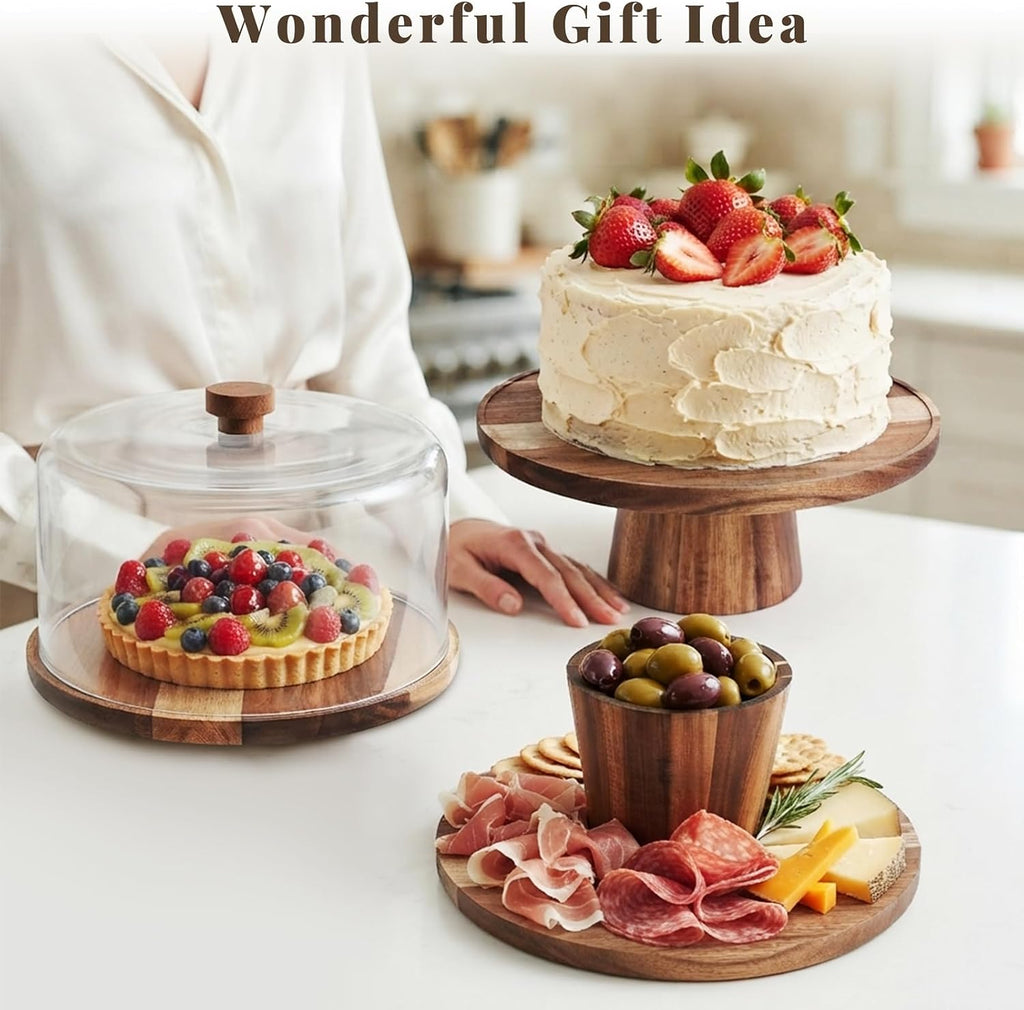 3-in-1 Acacia Wood 11 inch Cake Stand with Tall Acrylic Lid