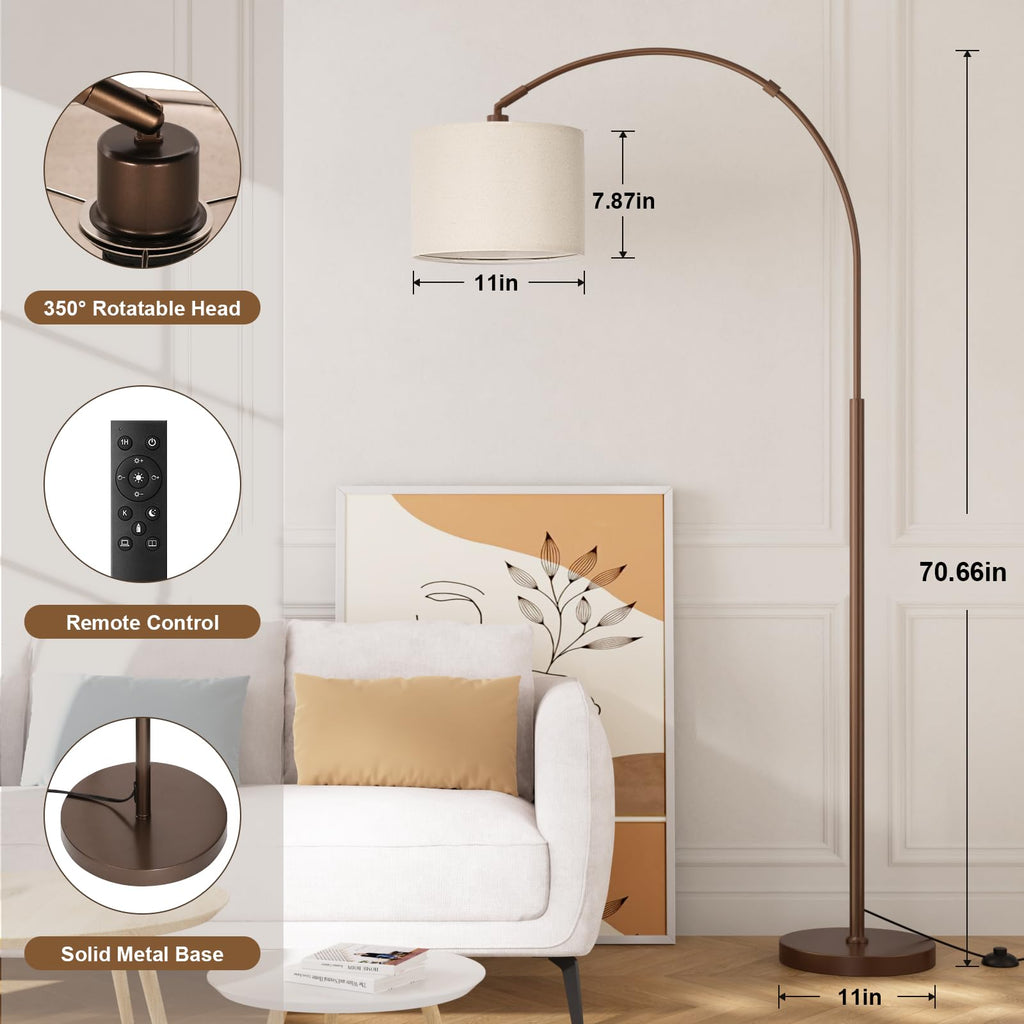 Dimmable Arc Floor Lamp with Remote, Color Temp Adjustable, Brown