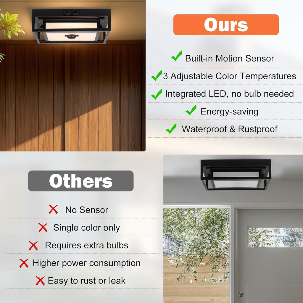 LED Motion Sensor Outdoor Ceiling Light, Modern Black Flush Mount Ceiling Light