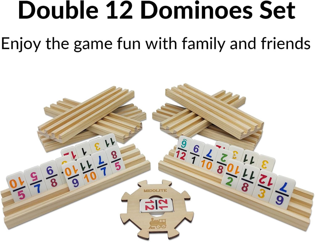 Mexican Train Dominoes Set with Numbers and 8 Wooden Racks, Double 12 Domino Travel Set with Wooden Hub, 91 Colored