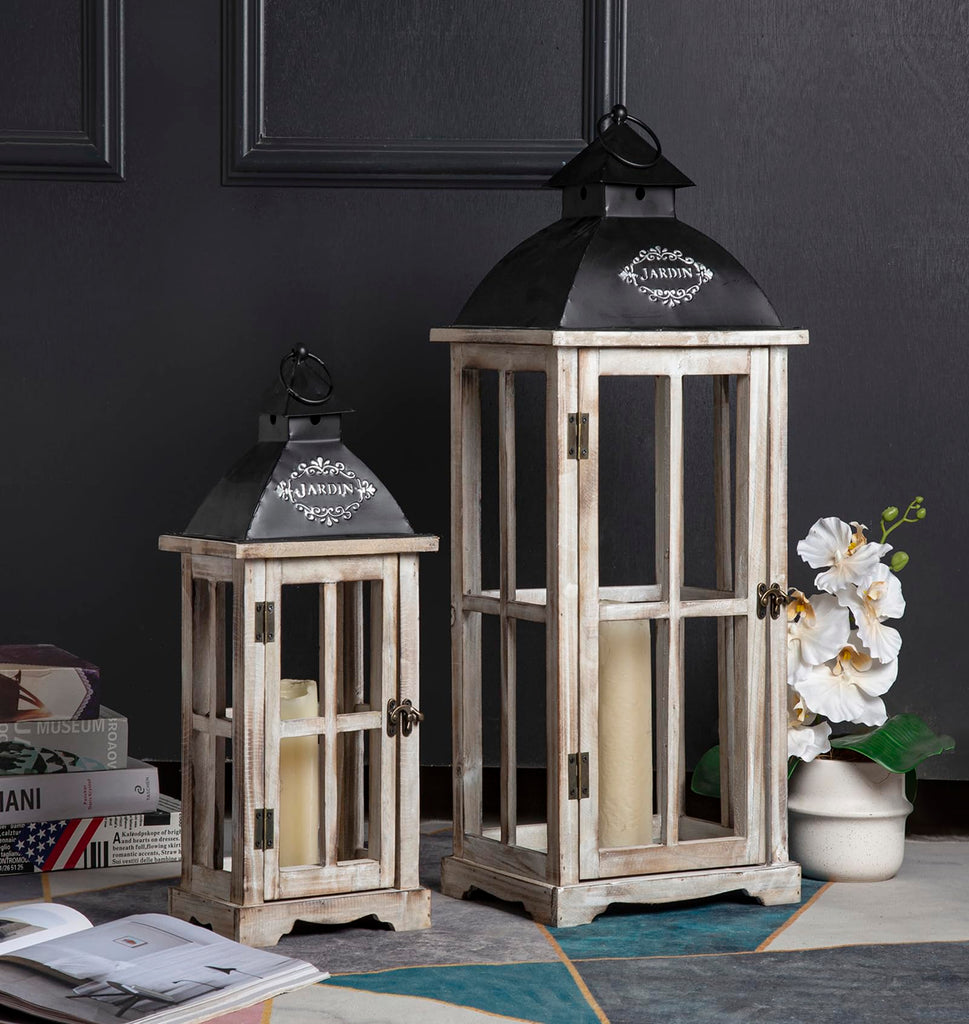 Set of 2 Large Decorative Wooden Metal Lanterns, Farmhouse Rustic Floor Candle Lanterns, Indoor/Outdoor Hanging