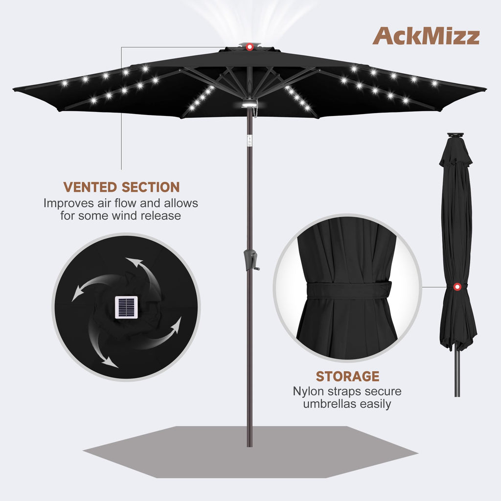 Solar Patio Umbrella with Centre Light, 10 ft Black