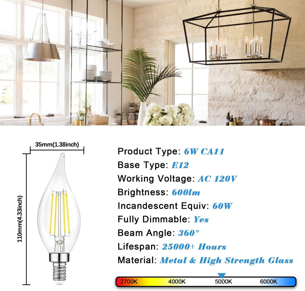 E12 Candelabra LED Bulbs, 6W Clear Filament Chandelier Light Bulbs