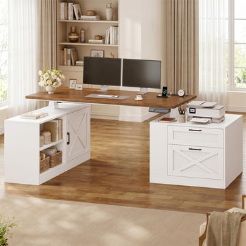 71" Farmhouse L Shaped Standing Desk, Electric Height Adjustable Corner Desk with Storage Cabinet & File Drawers