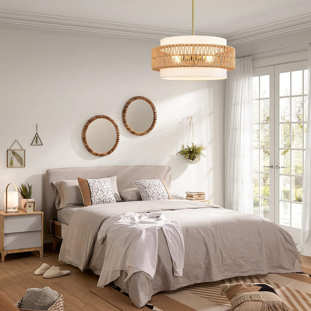 19.7" Rattan Chandelier, 4-Light Boho Pendant Hanging Light