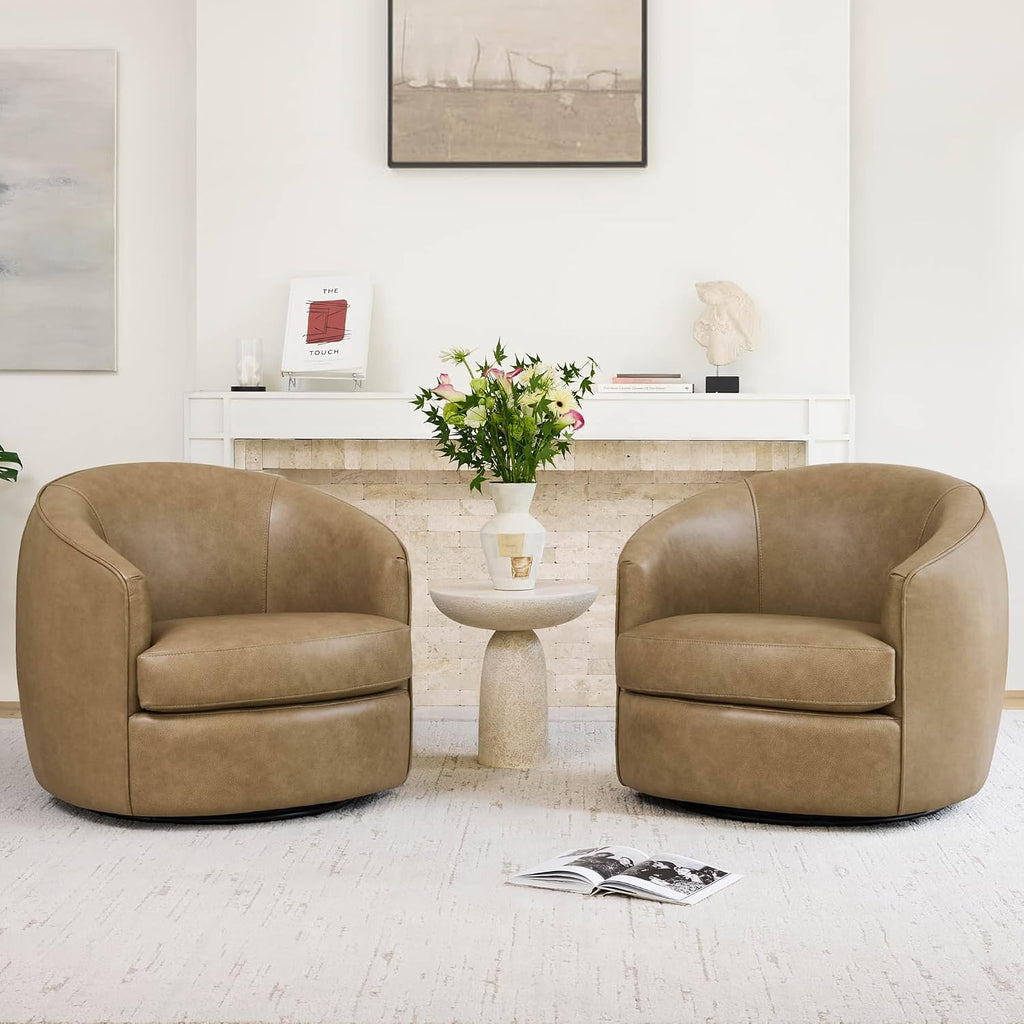 Genuine Leather Swivel Barrel Accent Chair, Fully Assembled, Mocha