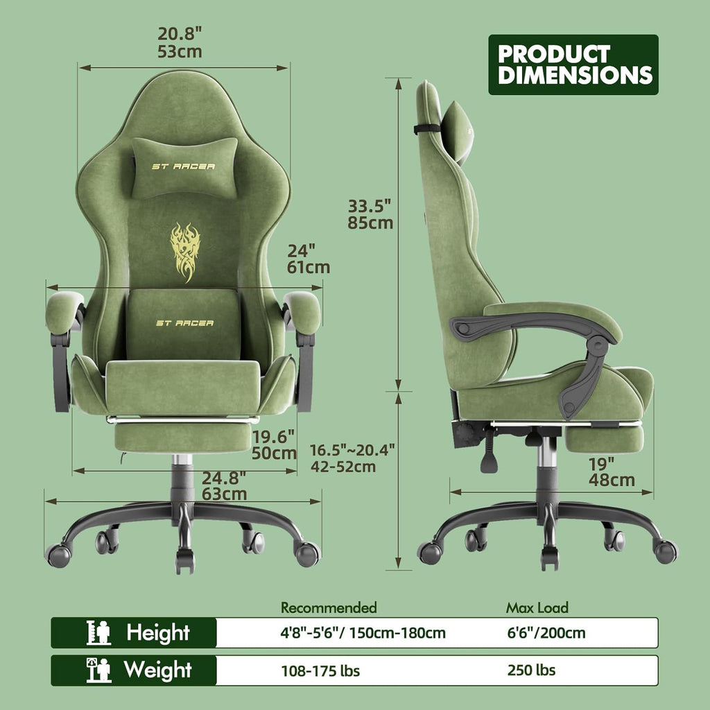 Velvet Fabric Racing Gaming Chair for Adults - Ergonomic Gamer Chair with Massage Lumbar, Footrest & Spring Cushion |