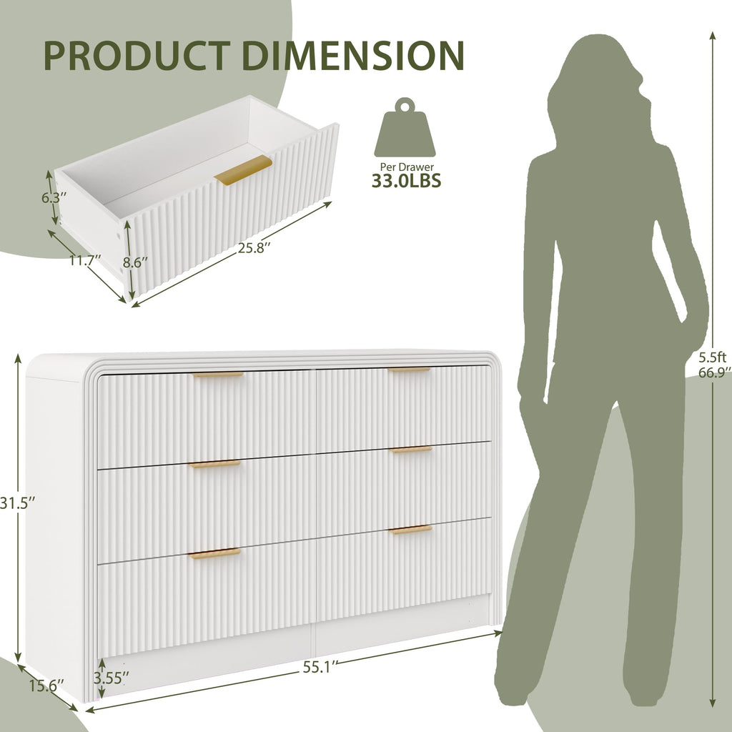 55" W Fluted 6-Drawer, Pure White