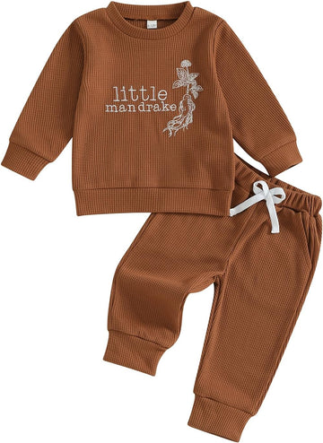 Toddler Baby Boy Girl Fall Outfit Letters Embroidery Long Sleeve Waffle Knit Sweatshirt and Pants Set