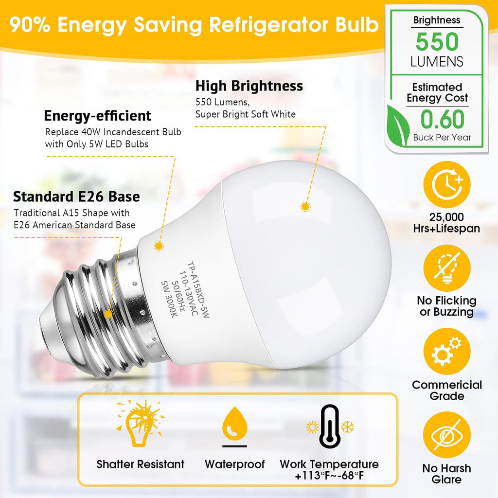 A15 LED Refrigerator Light Bulb, 40 Watt Equivalent 3000K 4-Pack