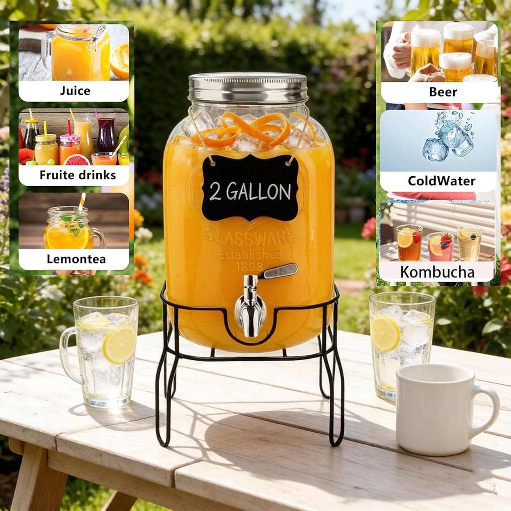 2 Gallon Glass Beverage/Drink Dispenser with Stand, Lid & Ice Core | Leakproof 18/8 Stainless Steel Spigot | Mason