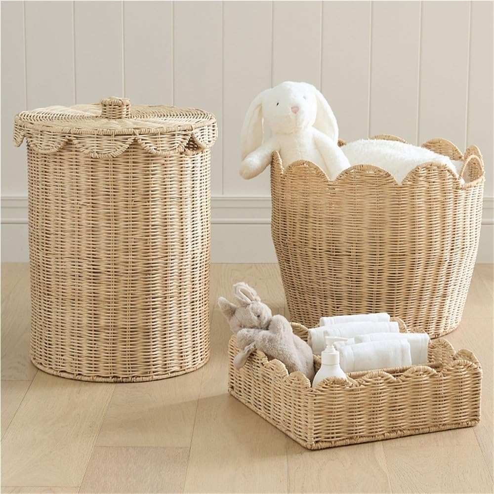 Woven Rattan Storage Basket with Lid, Round Laundry Hamper with Metal Frame | Handmade Rattan Basket for Clothes