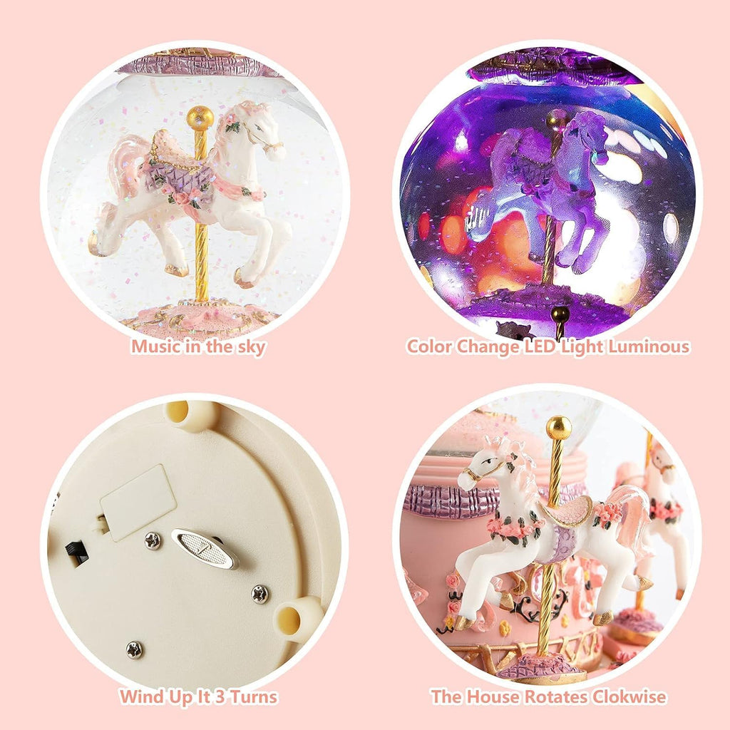 Carousel Snow Globe Music Box: LED Light Rotating Horses for Girls