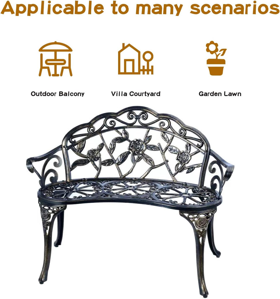 Patio Garden Bench Metal Park Bench Cast Aluminum Outdoor Furniture with Floral Rose ,Park,Lawn,Yard (Copper)