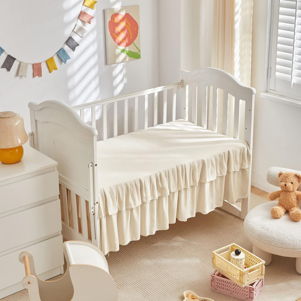 Tufted Ruffle Crib Bedding Set 3 Pieces Baby Boho Quilted Comforter with Fitted Sheet and Bed Skirt - Cute Ruffled