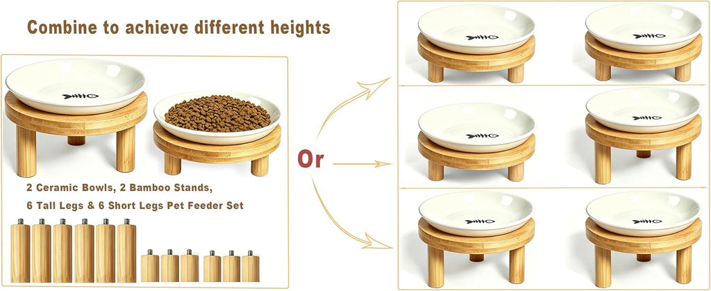 Elevated Cat Bowls Bamboo Stand, Ceramic Feeding Station for Indoor Cats