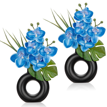2PCS Blue Orchid Fake Flowers in Black Ceramic Pot Silk Orchid Floral Arrangement Faux Orchid Plant Room Shelf Table