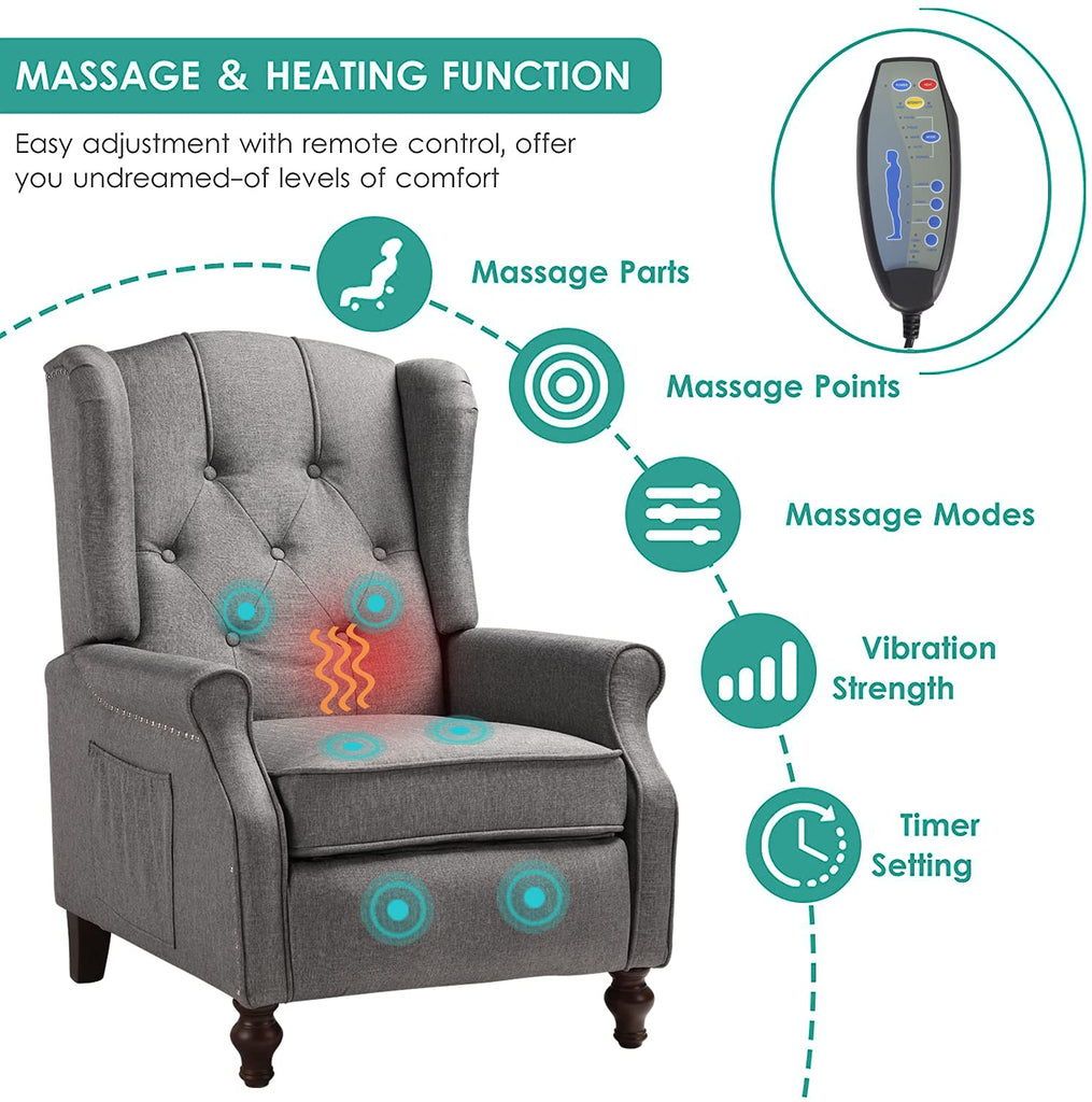 Wingback Recliner Chair with Massage and Heat- Accent Chair Push Back Chair Bedroom, Tufted Comfy Reclining Arm Chair