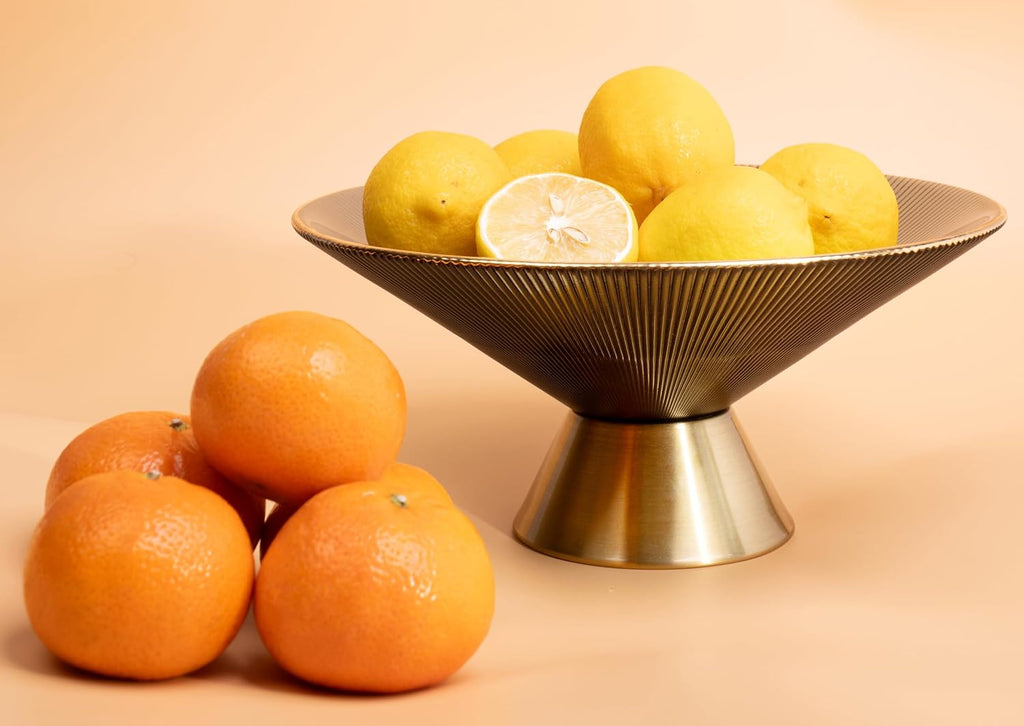 Tapered Glass Decorative Bowl(Gray), 9.8 Inches Handblown Striped Glass Bowl with Gold Trim and Rust Resistant Metal