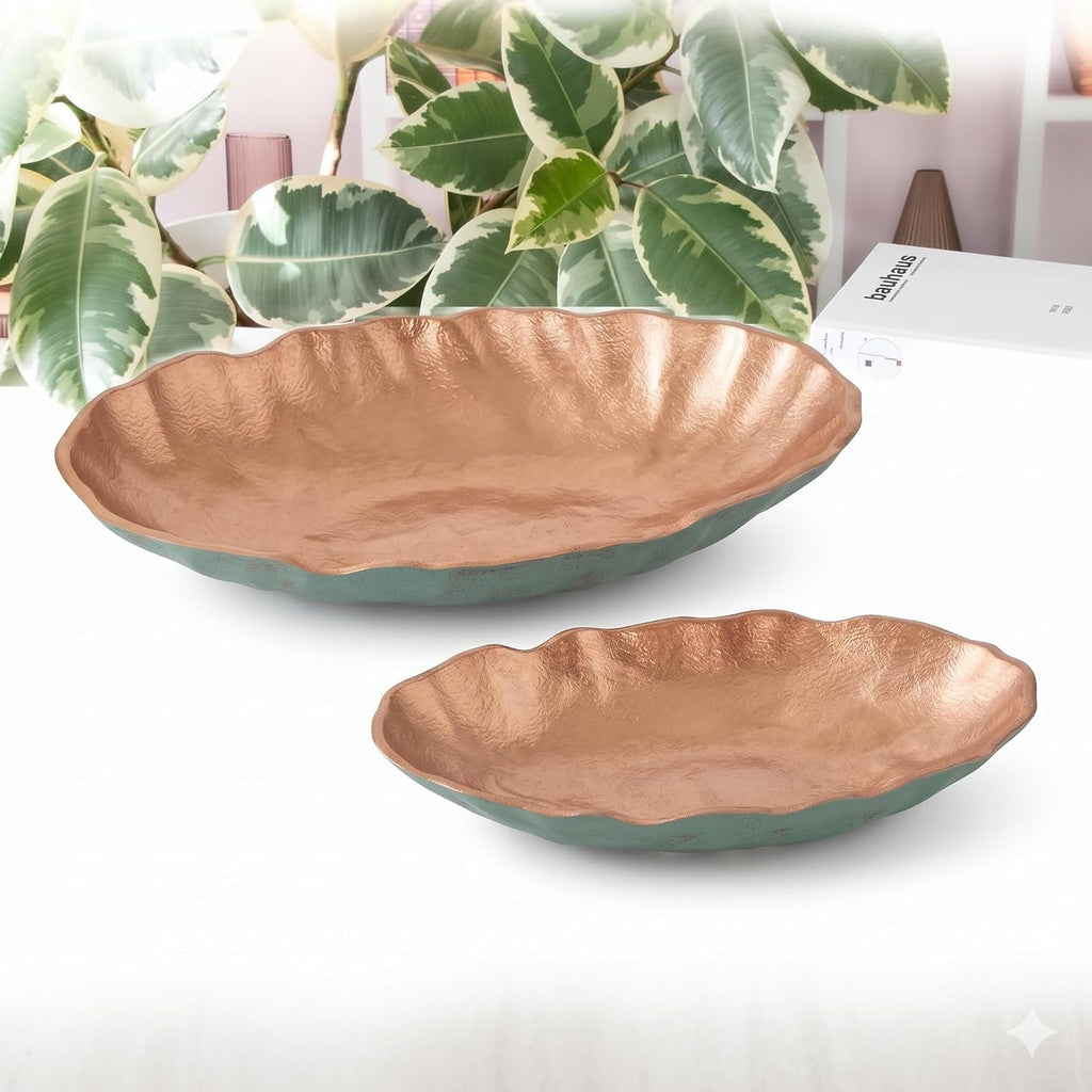 Turquoise Copper Finish Metal Decorative Oval Bowls for Potpourri, Table Decor - Set of 2