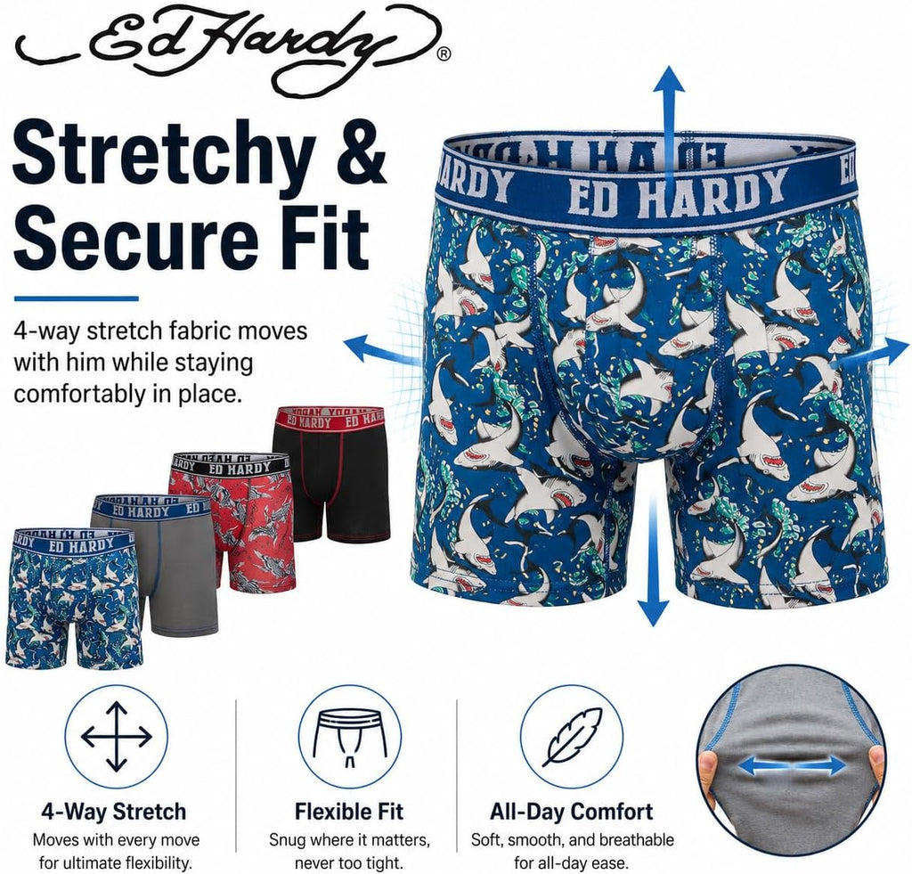 Boys Boxer Briefs Multipack Performance Underwear, Breathable Stretch Fabric, Tattoo Skull Graphic Designs
