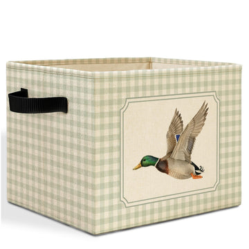 Green Checkered Mallard Duck Storage Bins Box with Handles, Rustic Flying Mallard Duck Plaid Laundry Basket Hamper