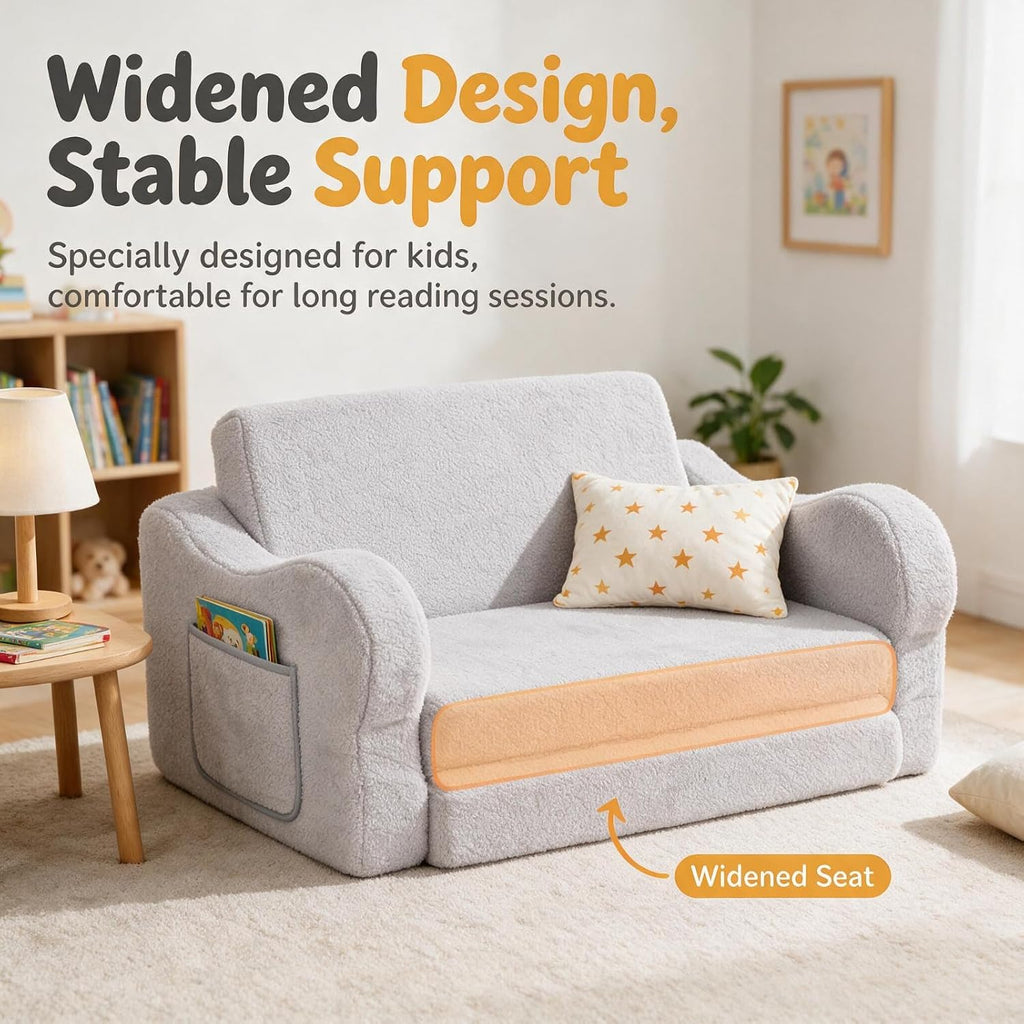 Extra Wide Kids Couch, Foldable Kids Sofa Chair, Grey
