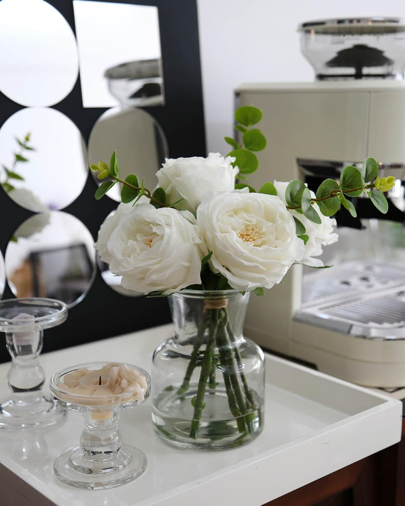 Artificial Flowers with White Roses in Vase, Fix Lifelike Fake Flowers in Vase with Artificial Water, Faux Flower