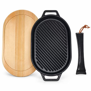 10.6-Inch Oval Cast Iron Skillet with Removable Handles and Insulated Wooden Serving Board, Sizzling Steak Pan for