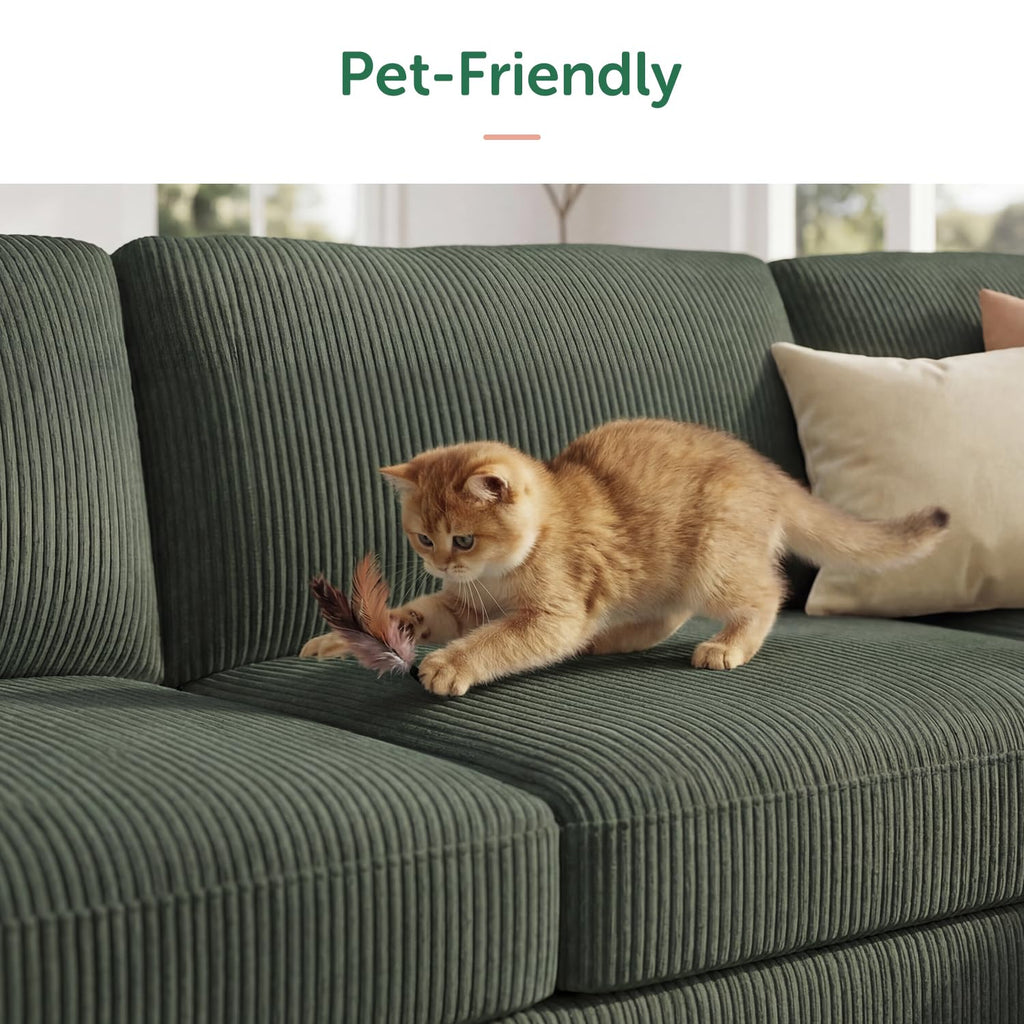Corduroy Sectional Sofa with Storage Ottoman, 6 Seaters L Shaped Small Sectional Couch, Green