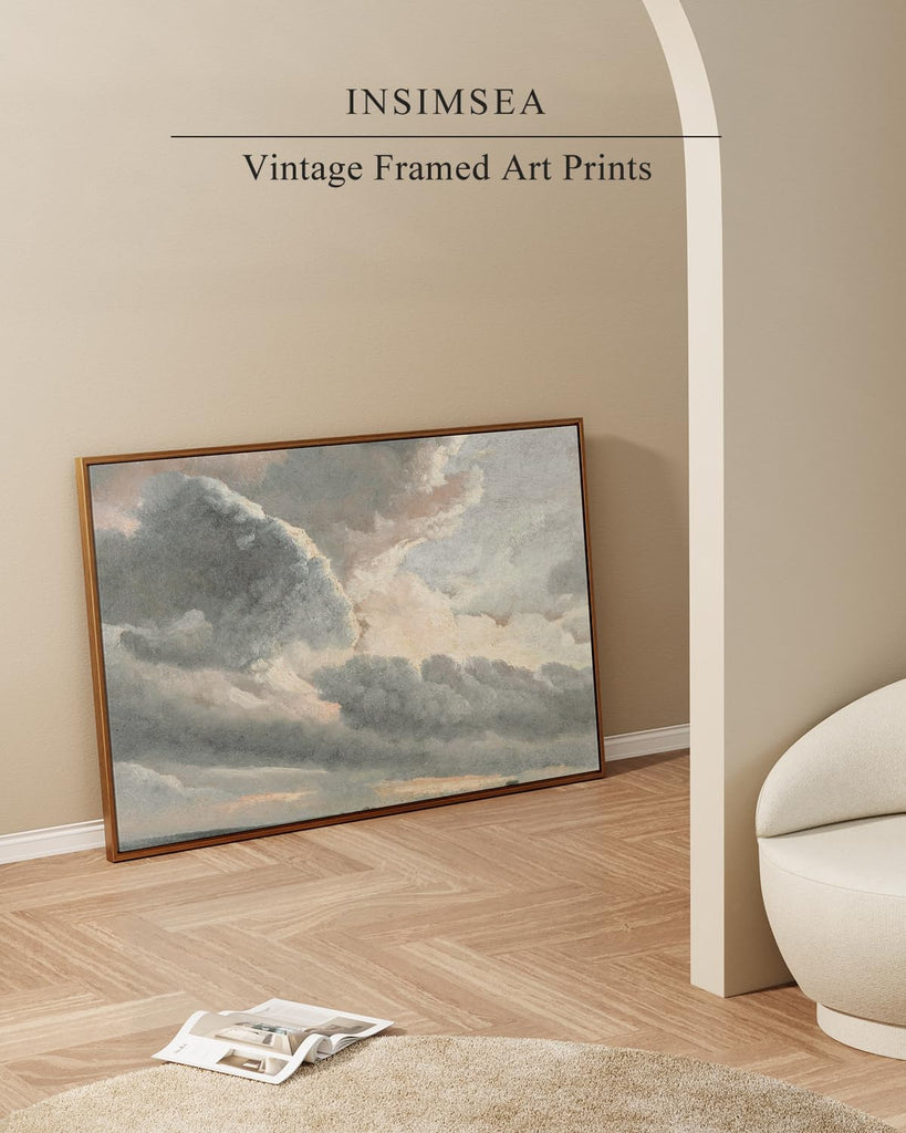 Golden Framed Vintage Canvas Wall Art Study of Clouds with a Sunset Near Rome 24x36 inch, Grey Toned Rustic Canvas