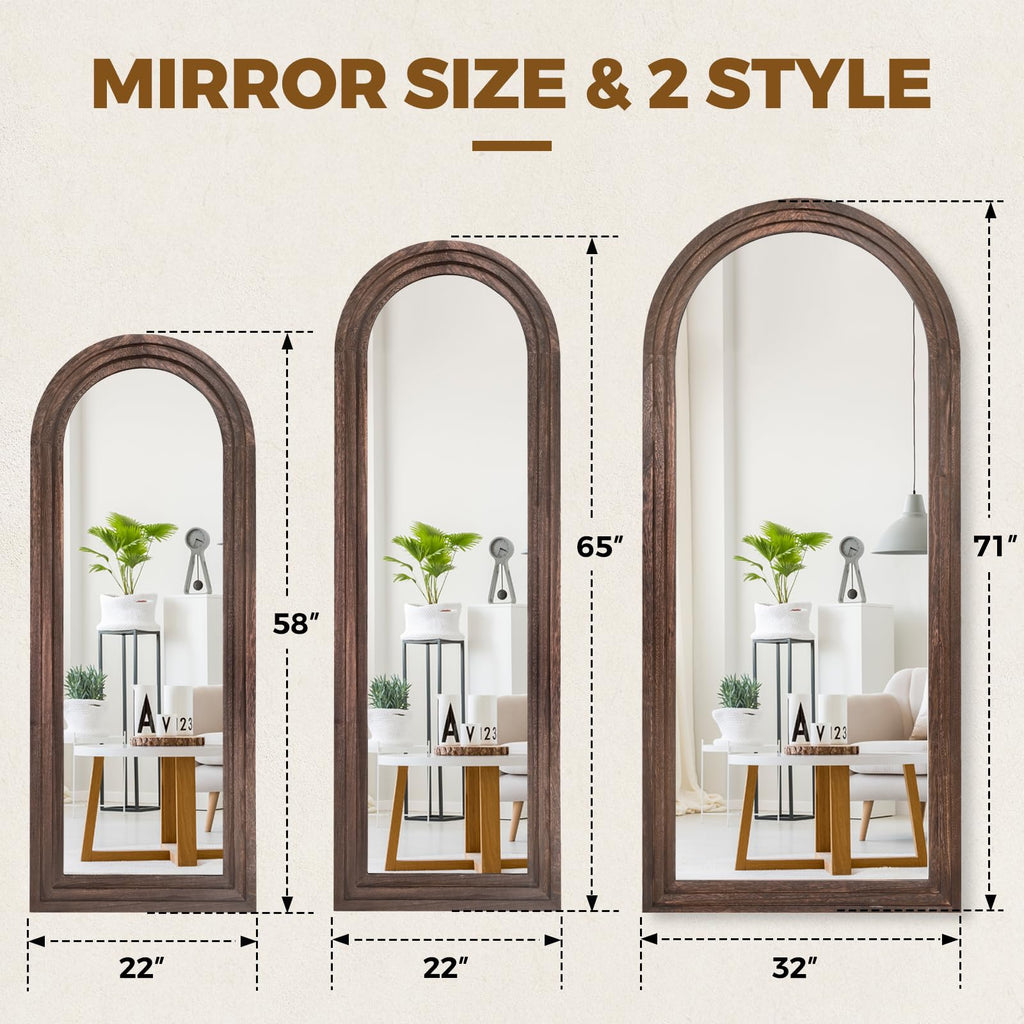 58x22 Arched Full Length Mirror, Solid Wood 3 Layer Frame, Brown