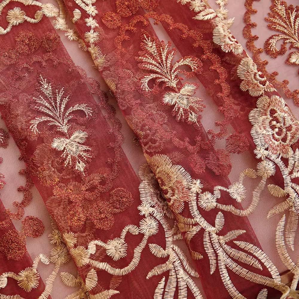 1 Pair European Jacquard Sheer Curtains for Living Room Bedroom Luxury Embroidered Tulle Curtains (Red,52x96 Inch)
