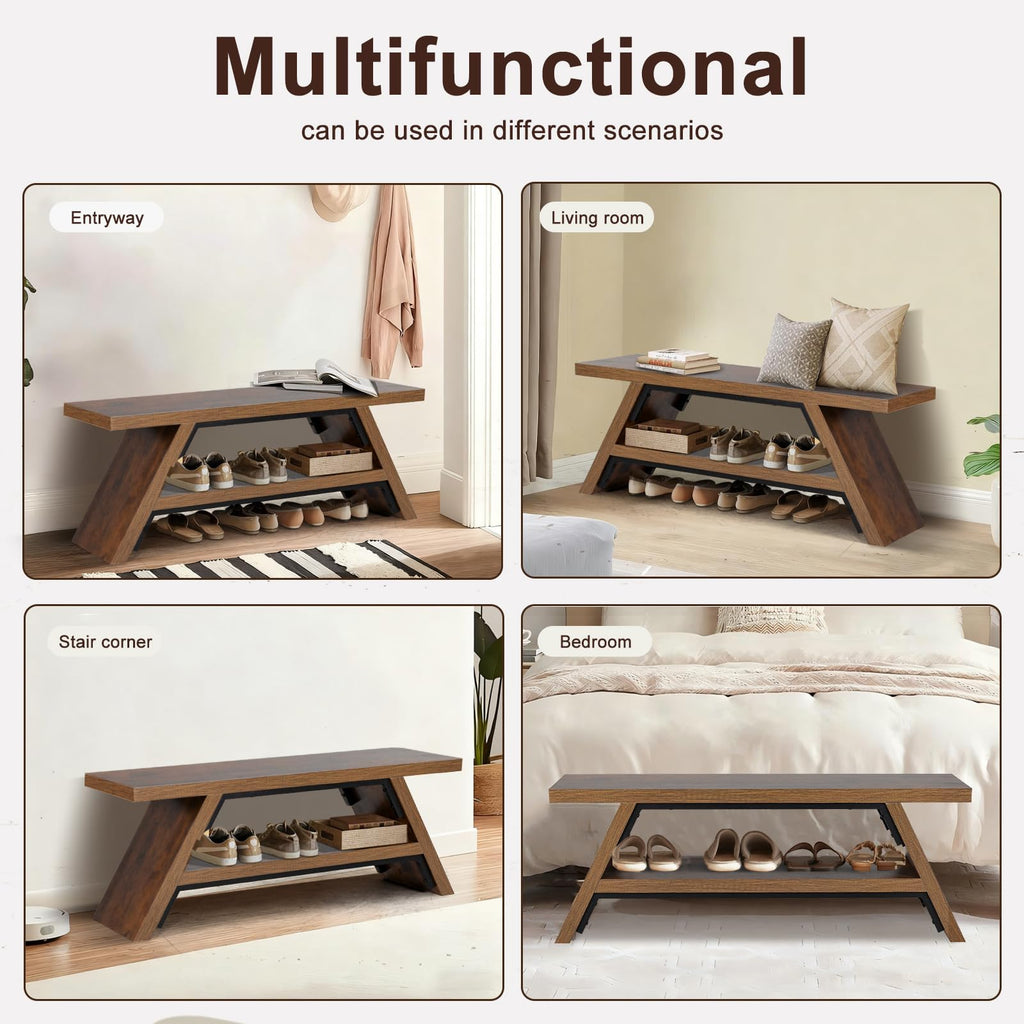2-Tier Shoe Storage Bench, 47" Solid Wood Entryway Stool Storage