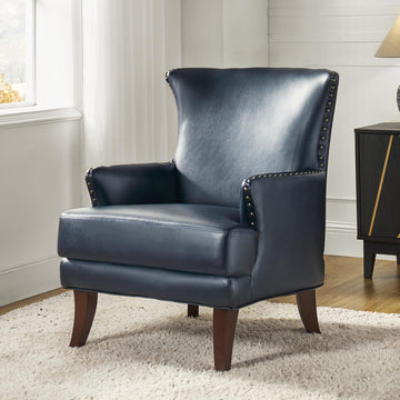 Faux Leather Accent Chair with Arms, Modern Leather Single Sofa Armchair with Nailhead Trim, Vegan Leather Wingback