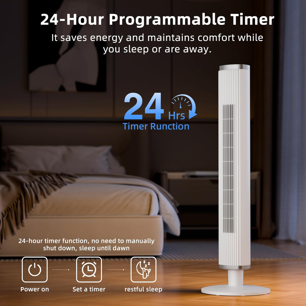 Bladeless Tower Fan with Remote, 6 Speeds, 4 Modes, 24H Timer, 60° Oscillation ,41-Inch,White